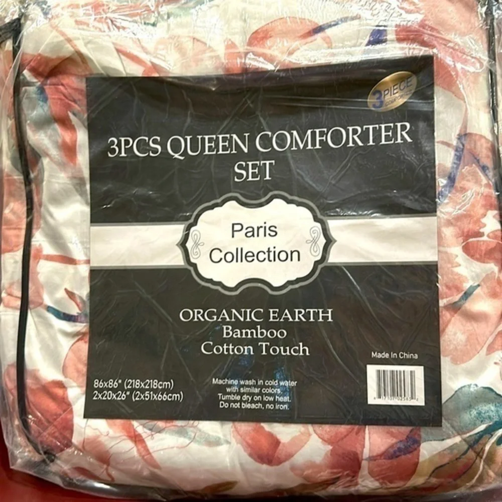 3 pc Queen Comforter set Pink Floral Print Organic Earth Bambo Cotton Touch